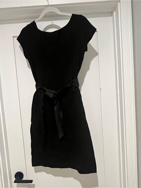 Theory Black Cap-Sleeve Mini Dress with Waist Tie